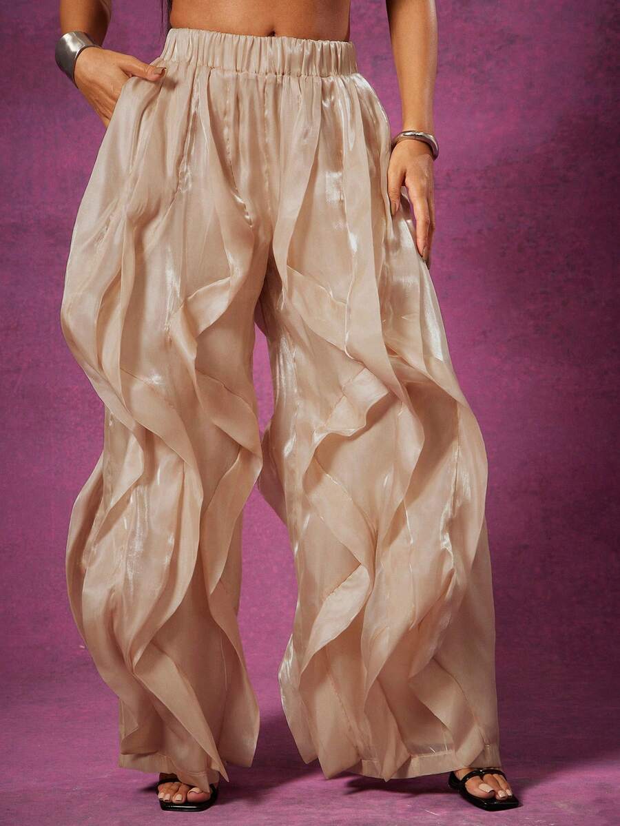 Vixey Quần ống rộng xếp nếp organza cạp chun - Màu be - Xem 1