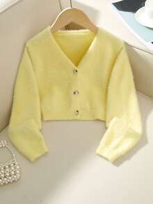 SHEIN Tween Girl Autumn/Winter Knitted Cardigan Sweater. Unique Design, Fluffy Texture, Showcasing Girls' Distinctive Fashion Taste. The White Tone Highlights Natural And Fresh Qualities, Can Be Paired With Various Clothing Including T-Shirts, Camisoles, Sundresses, Tulle Skirts, And Dresses. Comfortable Knitted Fabric. Front-Open Design For Easy Wear, Adding Convenience And Stylishness. Soft Girl Clothes Yellow Sweater Girls Yellow Sweater Summer Clothes For Teens Sweater Yellow Cardigan - Yellow - View 3