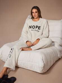 Lazeform 2pcs Plush Letter Embroidered Thick Women Pajama Set, Fluffy Winter Clothes