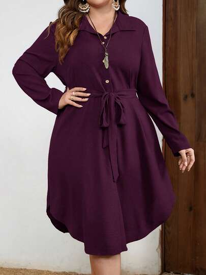 EMERY ROSE Plus Size Solid Color Waist Belt Casual Long Sleeve Cardigan Dress