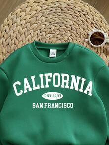 SHEIN 女婴可爱灰色字母印花长袖卫衣裤套装，秋冬款 - 墨綠色 - 查看 3