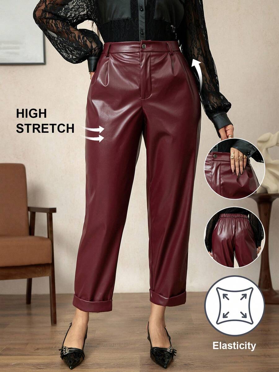 Zelara Pantalones de cuero sintético casuales para mujer de talla grande