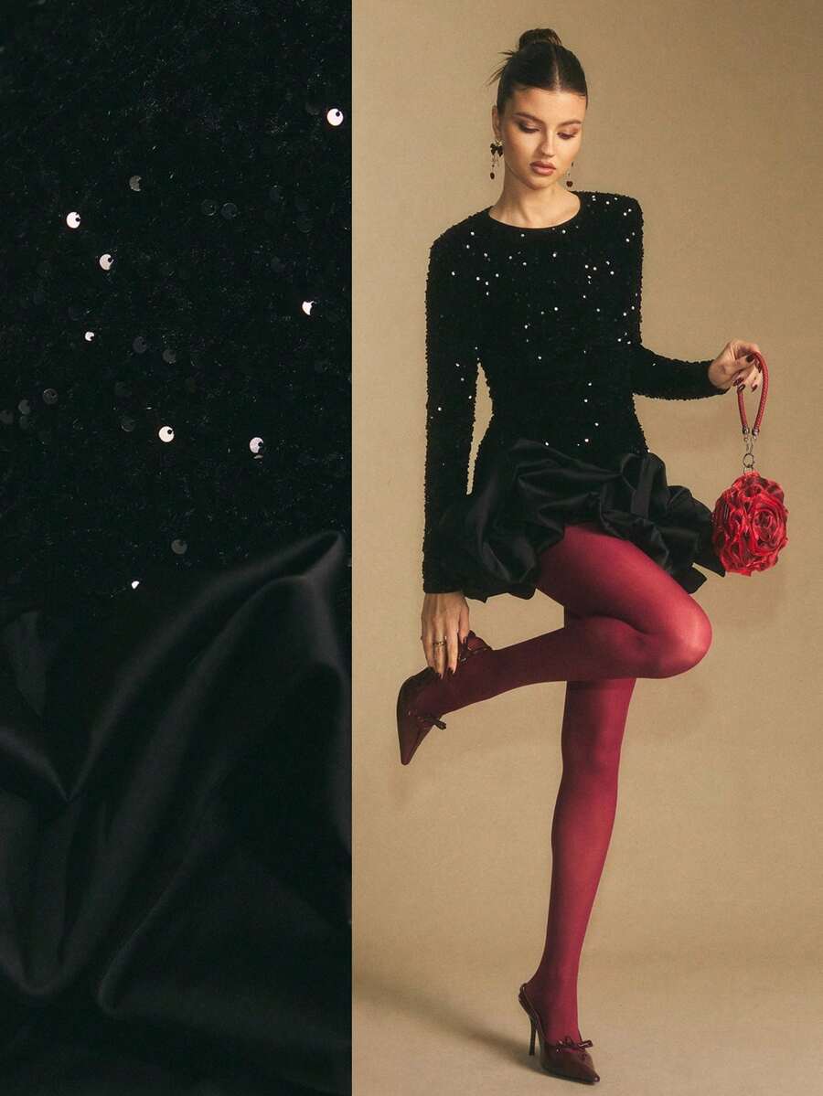 Poéselle Women's Dress Black Sequin Bubble-Hem Mini Dress – Long-Sleeve Statement Party & NYE Cocktail Outfit Black Sequin Dress Bubble Hem Dress Long Sleeve Cocktail Dress Statement Mini Dress Holiday Party Outfit NYE Dress Women's Solid Color Round Neck Long Sleeve Sequin Ruffle Hem Elegant Mini Dress Winter Dress Women Winter Clothes For Women Fall/Winter Christmas Party Dress Christmas Outfit For Women New Year Dress Elegant Dresses For Women Sequin Dress Black Dress