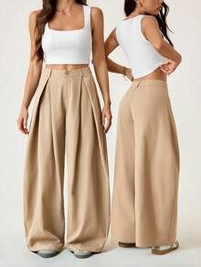 SHEIN EZwear Plus Size Casual Loose Khaki Pants With Curved Hem, Retro Street Style, Autumn/Winter - Khaki - View 2