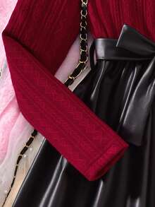 Sparklyn Áo lót cổ tròn họa tiết màu mơ cho bé gái kết hợp với váy chắp vá màu nâu cổ điển, thích hợp mặc đi học, mặc hàng ngày, tụ tập, tiệc tùng, phong cách nhẹ nhàng & thanh lịch, mùa thu/đông - Nhiều màu - Xem 5