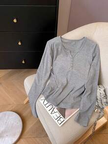 INAWLY 女士纯色纽扣装饰休闲圆领长袖T恤 - 彩色 - 查看 3