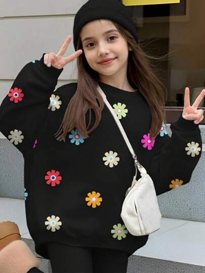 少女休闲宽松圆领舒适长袖卫衣，经典花卉印花，适合秋冬季穿着