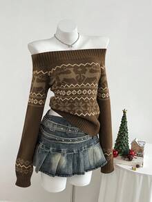 Elamini 1pc Women's Burgundy Christmas Sweater, Minimalist Off Shoulder Ribbed Deer & Snowflake Pattern Knit Casual Pullover, Autumn/Winter - Brown - View 1