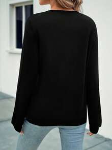 SHEIN LUNE 女士爱心印花V领长袖卫衣，秋冬新品 - 黑色 - 查看 2
