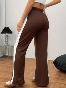 EURMUSE Women's Brown Drawstring Side Striped Casual Wide Leg Pants - Brown - View 5