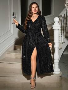 SHEIN Clasi Curvy Plus Size Women's Elegant Black Sequin V-Neck Long Sleeve Split Hem Formal Dress,Autumn Winter Evening Wedding Guest Party Long Dress - Black - View 9