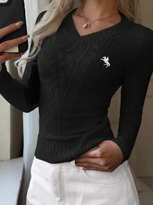 SHEIN Tall CURVE 大码女式骑士图案长袖V领毛衣，秋冬款 - 黑色 - 查看 3