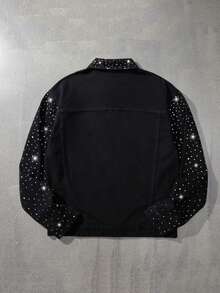 ROMWE MEN Street Life Hip Hop Style Men's Gradient Rhinestone Denim Long Sleeve Jacket - Black - View 2
