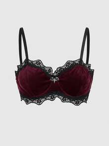 ROMWE Grunge Punk Women's Steel Hoop Velvet & Lace Bat Pendant Bralette, For Valentine's Day