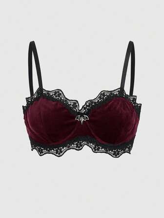 Grunge Punk Women's Steel Hoop Velvet & Lace Bat Pendant Bralette
