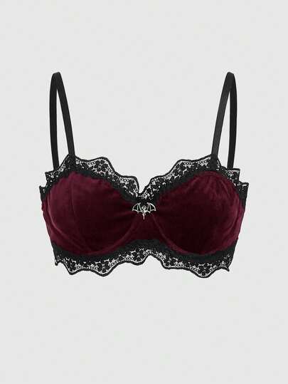 Grunge Punk Women's Steel Hoop Velvet & Lace Bat Pendant Bralette