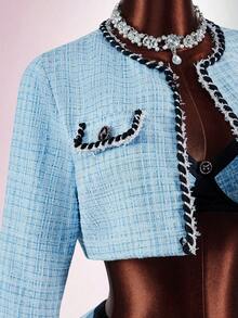 Amplova 优雅的牛奶蓝色格子羊毛短款上衣，撞色紧身吊带背心文胸上衣和撞色迷你裙 3 件套 - 藍色 - 查看 9