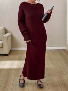 EURMUSE Boat Neck Ribbed Knit Midi Dress – Earthy Brown | Oversized Fit With Textured Stitch - Burgundy - View 3