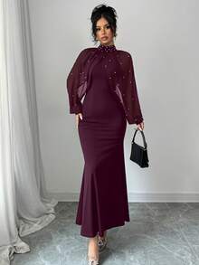 Elenzga 优雅珍珠串珠领美人鱼连衣裙，秋季长款女装 - 中紫紅色 - 查看 4