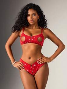 SpicyHot 2 piezas Conjunto de lencería sexy brillante con decoración de cristales, cremallera y recortes calados en estilo Y2K (Sujetador + Bragas) para mujeres - Rojo - Ver 3