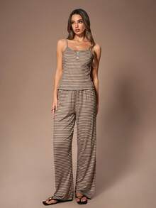 Lazeform 3pcs Women Sleepwear Pajama Set: Striped Print Long Sleeve Robe, Fitted Camisole, And Long Pants, Casual American Style, Fall & Winter Clothes - Brown - View 7