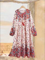 Rusticease Vestido plisado con cuello redondo y lazo, con estampado floral vintage para tallas grandes
