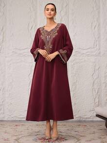 SHEIN Najma Váy dự tiệc tay loe thêu họa tiết Ả Rập thanh lịch dành cho nữ - Màu Đỏ Sâu - Xem 3