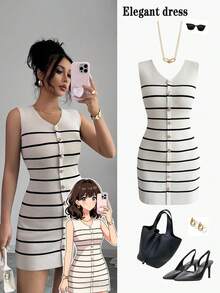 Selianne 返校及郊游 无袖条纹金属扣通勤风格复古针织连衣裙，女款，春秋季