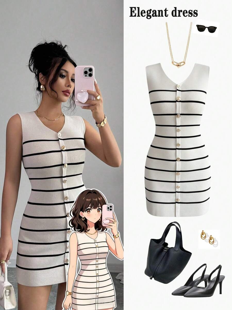 Selianne 返校及郊游 无袖条纹金属扣通勤风格复古针织连衣裙，女款，春秋季