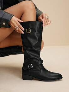 Daringsoles Women's Buckle Design Fashion Everyday Pleated Chunky Heel Knee-High Boots - Black - View 6