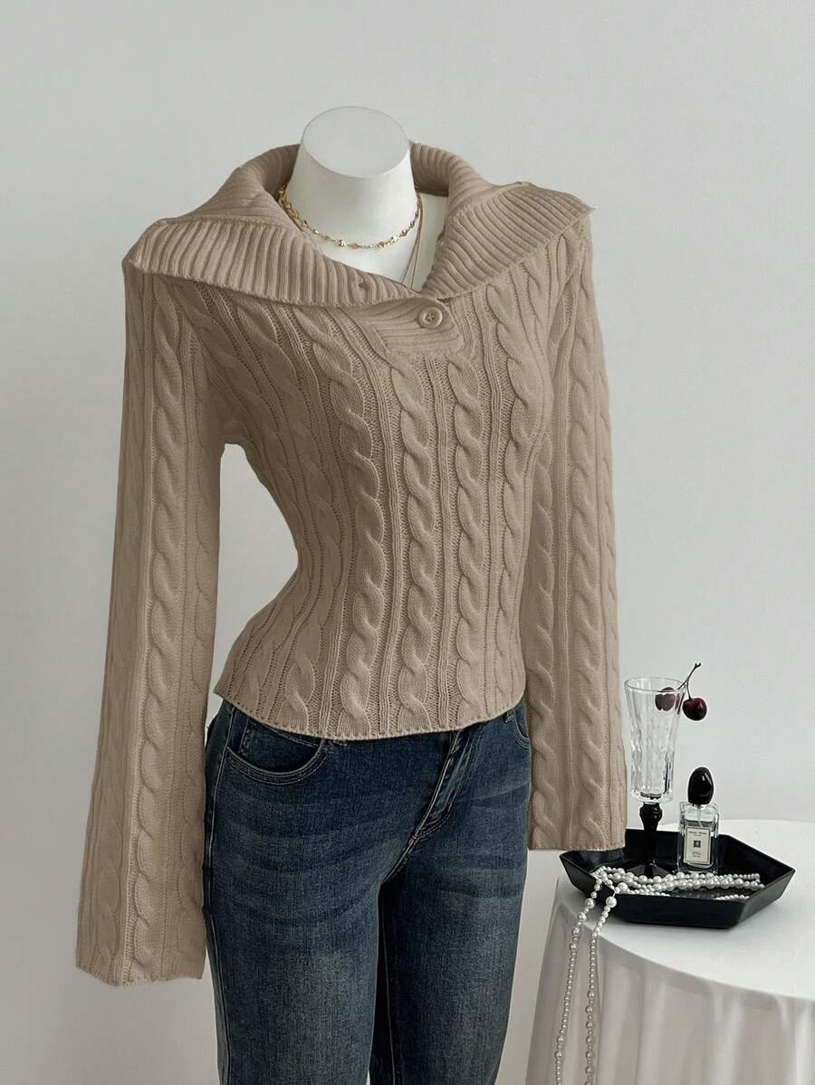 Elamini Women's Casual Loose Solid Color Cable Knit Sweater, Autumn/Winter - Khaki - View 1
