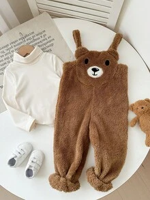 LMoss Kids LMoss 2pcs Young Girl Solid Color Knit Stand Collar Casual T-Shirt And Fleece Bib Pants Set, Suitable For Everyday Wear, Long Sleeve Top, Winter Dress, Cozy Fall & Winter Styles, Fall - Multicolor - View 6