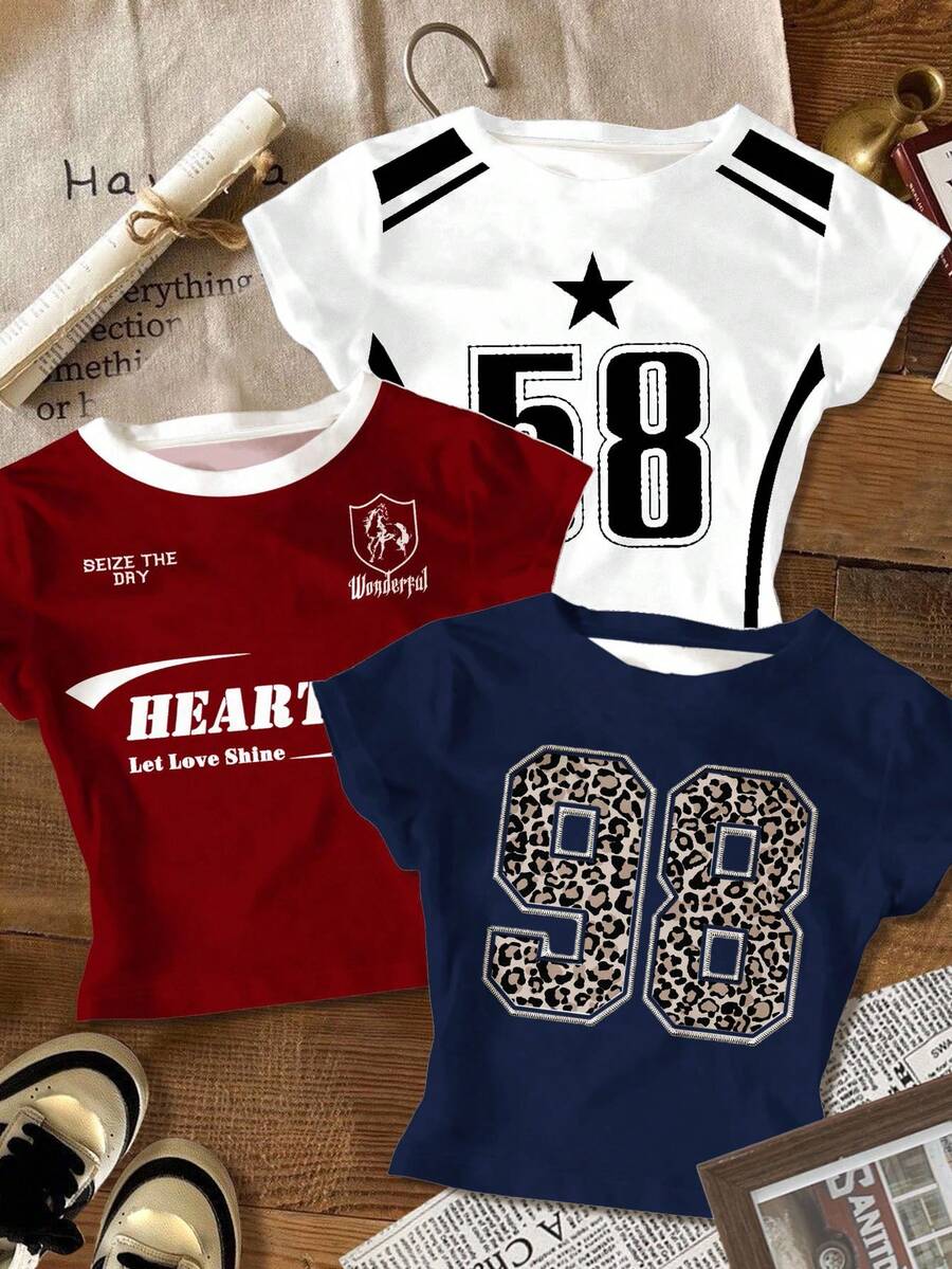 SHEIN 3件套少女休闲简约圆领短袖高腰露脐常规T恤，适合夏季穿着 - 彩色 - 查看 1