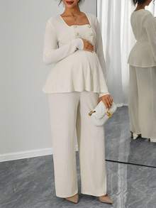 SHEIN 2pcs Maternity & Nursing Solid Square Neck Raglan Sleeve Double-Breasted Textured Fabric Set