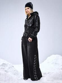 ROMWE Grunge Punk Relaxed Fit Grunge Distressed Vintage Oversized Cross & Vine Print Women Jeans - Black - View 8
