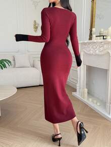 DAZY Women's Autumn/Winter Colorblock Square Neck Long Sleeve Fitted Elegant Knit Dress,New Year - Burgundy - View 6