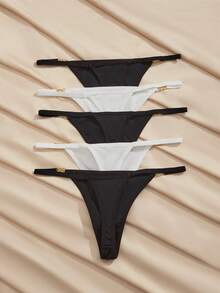 Charlaine 5pcs/Pack Women's Sexy Metallic Chain Decor Solid Color Low-Rise Thong Panties - Multicolor - View 2