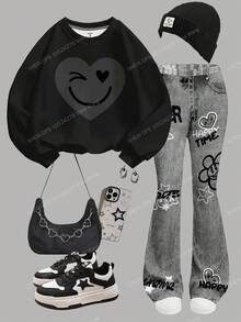 SHEIN Happikins 黑色系列，复古学院风街头风图案，少女宽松圆领长袖卫衣搭配喇叭裤休闲套装，适合秋冬季节穿着。 - 彩色 - 查看 3