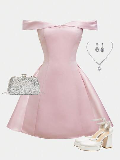 SHEIN Girlism Teen Girls' Elegant Minimalist Off Shoulder A-Line Dress, Solid Color, Waisted, Satin, Princess Style, Suitable For Wedding, Party And Outing Graduation Dress