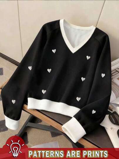 Resyla 女士卫衣/心形图案印花/休闲简约时尚卫衣//时尚上衣/复古冬季卫衣/秋冬宽松圆领长袖卫衣/女士春季套头衫，时尚卫衣，长袖上衣，秋冬卫衣，女士撞色卫衣