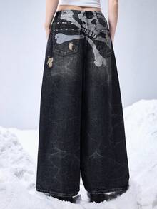 ROMWE Grunge Punk Relaxed Fit Grunge Vintage Distressed Design Oversized Skull Print Women Jeans - Blue - View 3