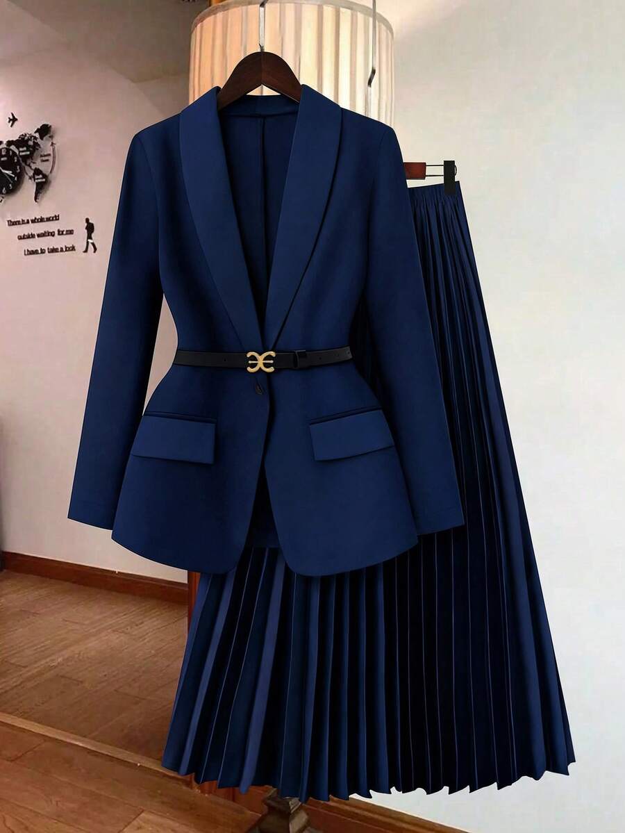 GlowEve Damen elegantes Set aus einfarbiger plissierter Blazer und plissiertem Rock - marineblau - Übersicht 1