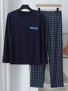 男士藏蓝色长袖上衣和格子裤睡衣套装 - 彩色 - 查看 4