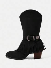 Styleloop Women's Chunky Heel Black Retro British Style Fringe Western Cowboy Mid-Calf Boots, Suitable For Vacation, Travel, Outdoor - Black - View 4