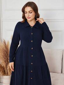 SHEIN Lacomfia Plus Size Women Casual Solid Color Button Front Long Knit Dress, Autumn - Navy Blue - View 4