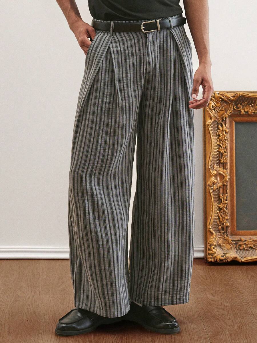 TOKVUE Men's Pocket Striped Pleated Wide Leg Loose Casual Pants Designer Pants Wide Leg Pants Pleated Pants Pinstripe Pants Loose Pants - Multicolor - View 1