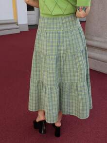 Gretanique Women's Summer  Green Casual Plaid Midi Layered Skirt - Green - View 2