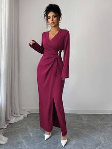 Elenzga Vestido con abertura en la cintura y decoración metálica, elegante para otoño - Rojo violeta - Ver 5