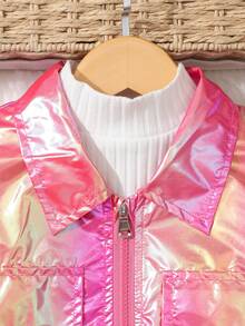 SHEIN Sparklyn 少女时尚双面蕾丝机车夹克和慢跑裤套装 - 玫紅色 - 查看 4