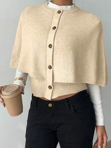 Elenzga Women's Poncho Button Elegant Batwing Knit Cardigan Sweater - Apricot - View 7